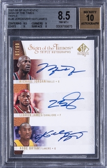 2007-08 UD SP Authentic "Sign of the Times - Triple" #JJB Michael Jordan/LeBron James/Kobe Bryant Multi-Signed Card (#09/10) – BGS NM-MT+ 8.5/BGS 10